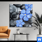 Acrylglasbild Blaue Blume Graue Steine Quadrat Produktvorschau mit dem Bild Blaue Blume & Graue Steine im Format Quadrat.