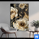 Acrylglasbild Blueten Gold Weiss Schwarz Hochformat Produktvorschau mit dem Bild Blüten Gold Weiß Schwarz im Format Hochformat.