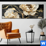 Acrylglasbild Blueten Gold Weiss Schwarz Panorama Produktvorschau mit dem Bild Blüten Gold Weiß Schwarz im Format Panorama.