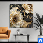 Acrylglasbild Blueten Gold Weiss Schwarz Quadrat Produktvorschau mit dem Bild Blüten Gold Weiß Schwarz im Format Quadrat.