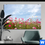 Acrylglasbild Blumenwiese Bei Strahlend Blauem Himmel Querformat Produktvorschau mit dem Bild Blumenwiese bei strahlend blauem Himmel im Format Querformat.