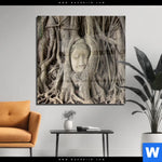 Acrylglasbild Buddha In Baumwurzeln Quadrat Produktvorschau mit dem Bild Buddha in Baumwurzeln im Format Quadrat.