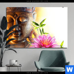 Acrylglasbild Buddha Kopf Seerose Querformat Produktvorschau mit dem Bild Buddha Kopf & Seerose im Format Querformat.