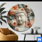 Acrylglasbild Buddha Statue Mit Blueten Rund Produktvorschau mit dem Bild Buddha-Statue mit Blüten im Format Rund.