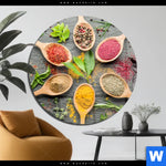 Acrylglasbild Bunte Gewuerze In Holzloeffeln Rund Produktvorschau mit dem Bild Bunte Gewürze in Holzlöffeln im Format Rund.