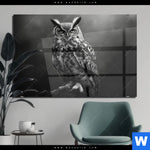 Acrylglasbild Duestere Eleganz Der Eule Querformat Produktvorschau mit dem Bild Düstere Eleganz der Eule im Format Querformat.