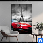Acrylglasbild Eiffelturm Rotes Auto Hochformat Produktvorschau mit dem Bild Eiffelturm & Rotes Auto im Format Hochformat.