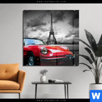 Acrylglasbild Eiffelturm Rotes Auto Quadrat Produktvorschau mit dem Bild Eiffelturm & Rotes Auto im Format Quadrat.