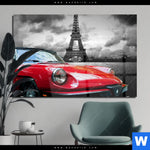 Acrylglasbild Eiffelturm Rotes Auto Querformat Produktvorschau mit dem Bild Eiffelturm & Rotes Auto im Format Querformat.