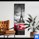 Acrylglasbild Eiffelturm Rotes Auto Schmal Produktvorschau mit dem Bild Eiffelturm & Rotes Auto im Format Schmal.