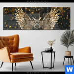 Acrylglasbild Eule Inmitten Goldener Blaetter Panorama Produktvorschau mit dem Bild Eule inmitten goldener Blätter im Format Panorama.