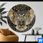 Acrylglasbild Eule Inmitten Goldener Blaetter Rund Produktvorschau mit dem Bild Eule inmitten goldener Blätter im Format Rund.