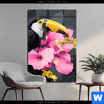 Acrylglasbild Exotischer Tukan Mit Blueten Hochformat Produktvorschau mit dem Bild Exotischer Tukan mit Blüten im Format Hochformat.