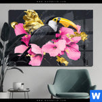 Acrylglasbild Exotischer Tukan Mit Blueten Querformat Produktvorschau mit dem Bild Exotischer Tukan mit Blüten im Format Querformat.