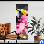 Acrylglasbild Exotischer Tukan Mit Blueten Schmal Produktvorschau mit dem Bild Exotischer Tukan mit Blüten im Format Schmal.
