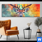 Acrylglasbild Farbenfrohes Hirschportraet Panorama Produktvorschau mit dem Bild Farbenfrohes Hirschporträt im Format Panorama.