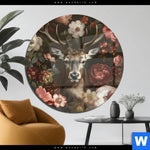 Acrylglasbild Friedlicher Hirsch Und Blueten Rund Produktvorschau mit dem Bild Friedlicher Hirsch und Blüten im Format Rund.