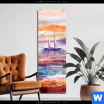 Acrylglasbild Gemaelde Mit Boot Im Sonnenuntergang Schmal Produktvorschau mit dem Bild Gemälde mit Boot im Sonnenuntergang im Format Schmal.