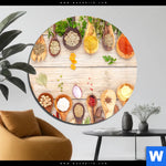 Acrylglasbild Gewuerze Auf Hoelzernen Loeffeln Rund Produktvorschau mit dem Bild Gewürze auf hölzernen Löffeln im Format Rund.