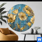 Acrylglasbild Goldene Blumen Auf Blau Rund Produktvorschau mit dem Bild Goldene Blumen auf Blau im Format Rund.