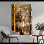 Acrylglasbild Goldener Buddha Im Bambuswald Hochformat Produktvorschau mit dem Bild Goldener Buddha im Bambuswald im Format Hochformat.