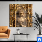Acrylglasbild Goldener Buddha Im Bambuswald Quadrat Produktvorschau mit dem Bild Goldener Buddha im Bambuswald im Format Quadrat.