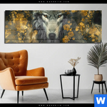Acrylglasbild Goldener Wolfblick Panorama Produktvorschau mit dem Bild Goldener Wolfblick im Format Panorama.