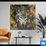 Acrylglasbild Goldener Wolfblick Quadrat Produktvorschau mit dem Bild Goldener Wolfblick im Format Quadrat.