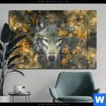 Acrylglasbild Goldener Wolfblick Querformat Produktvorschau mit dem Bild Goldener Wolfblick im Format Querformat.