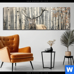 Acrylglasbild Hirsch Im Birkenwald Panorama Produktvorschau mit dem Bild Hirsch im Birkenwald im Format Panorama.