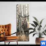 Acrylglasbild Hirsch Im Birkenwald Schmal Produktvorschau mit dem Bild Hirsch im Birkenwald im Format Schmal.