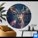 Acrylglasbild Hirsch Im Leuchtenden Farbmix Rund Produktvorschau mit dem Bild Hirsch im leuchtenden Farbmix im Format Rund.