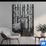 Acrylglasbild Hirschportraet Vor Birken Hochformat Produktvorschau mit dem Bild Hirschporträt vor Birken im Format Hochformat.