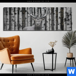 Acrylglasbild Hirschportraet Vor Birken Panorama Produktvorschau mit dem Bild Hirschporträt vor Birken im Format Panorama.
