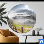 Acrylglasbild Holztreppe Auf Berg Mit Wolken Rund Produktvorschau mit dem Bild Holztreppe auf Berg mit Wolken im Format Rund.