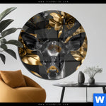 Acrylglasbild Junger Hirsch Und Goldblumen Rund Produktvorschau mit dem Bild Junger Hirsch und Goldblumen im Format Rund.