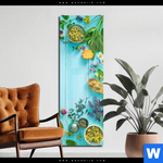 Acrylglasbild Kraeuter Auf Blauem Holztisch Schmal Produktvorschau mit dem Bild Kräuter auf blauem Holztisch im Format Schmal.