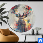 Acrylglasbild Kreativer Hirsch Mit Farbspritzern Rund Produktvorschau mit dem Bild Kreativer Hirsch mit Farbspritzern im Format Rund.