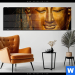 Acrylglasbild Laechelnder Buddha In Gold Panorama Produktvorschau mit dem Bild Lächelnder Buddha in Gold im Format Panorama.