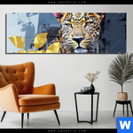 Acrylglasbild Leopard Eleganz Trifft Farbe Panorama Produktvorschau mit dem Bild Leopard - Eleganz trifft Farbe im Format Panorama.
