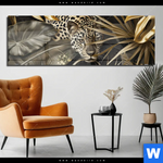 Acrylglasbild Leopard In Goldener Tarnung Panorama Produktvorschau mit dem Bild Leopard in goldener Tarnung im Format Panorama.
