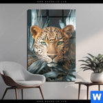 Acrylglasbild Leopard Zwischen Blaettern Hochformat Produktvorschau mit dem Bild Leopard zwischen Blättern im Format Hochformat.