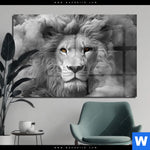 Acrylglasbild Loewengesicht In Rauch Querformat Produktvorschau mit dem Bild Löwengesicht in Rauch im Format Querformat.