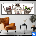Acrylglasbild Lustige Waschbaeren Mit Hund Panorama Produktvorschau mit dem Bild Lustige Waschbären mit Hund im Format Panorama.
