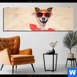 Acrylglasbild Lustiger Hund Am Strand Panorama Produktvorschau mit dem Bild Lustiger Hund am Strand im Format Panorama.