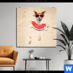 Acrylglasbild Lustiger Hund Am Strand Quadrat Produktvorschau mit dem Bild Lustiger Hund am Strand im Format Quadrat.