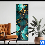 Acrylglasbild Marmor Blueten In Tuerkis Gold Schmal Produktvorschau mit dem Bild Marmor Blüten in türkis & gold im Format Schmal.