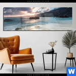 Acrylglasbild Meeresrauschen Bei Sonnenuntergang Panorama Produktvorschau mit dem Bild Meeresrauschen bei Sonnenuntergang im Format Panorama.