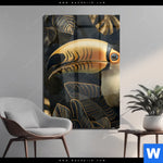 Acrylglasbild Monstera Und Tukan Gold Hochformat Produktvorschau mit dem Bild Monstera und Tukan Gold im Format Hochformat.