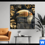 Acrylglasbild Monstera Und Tukan Gold Quadrat Produktvorschau mit dem Bild Monstera und Tukan Gold im Format Quadrat.